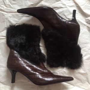 vintage crocodile embossed boots with fur